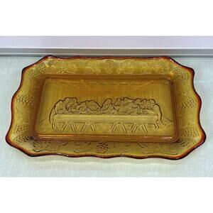 The Last Supper Plate Tiara Glass Amber Bread Platter Dish Tray Vintage